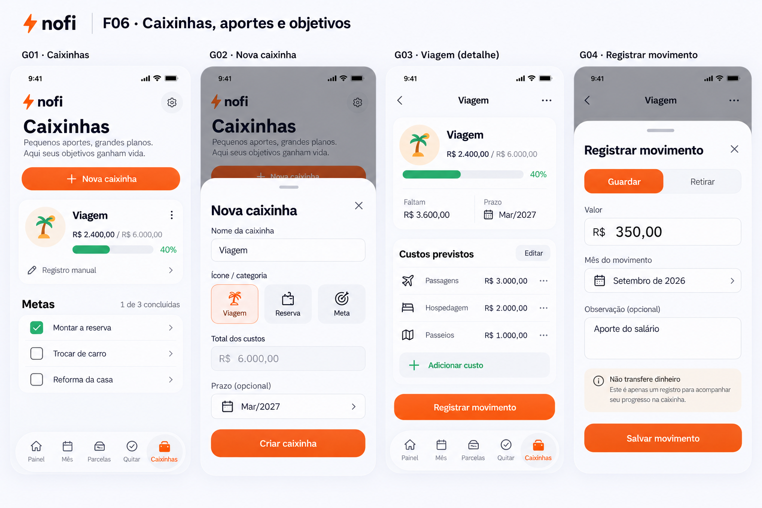 Tela de caixinhas e metas do Nofi