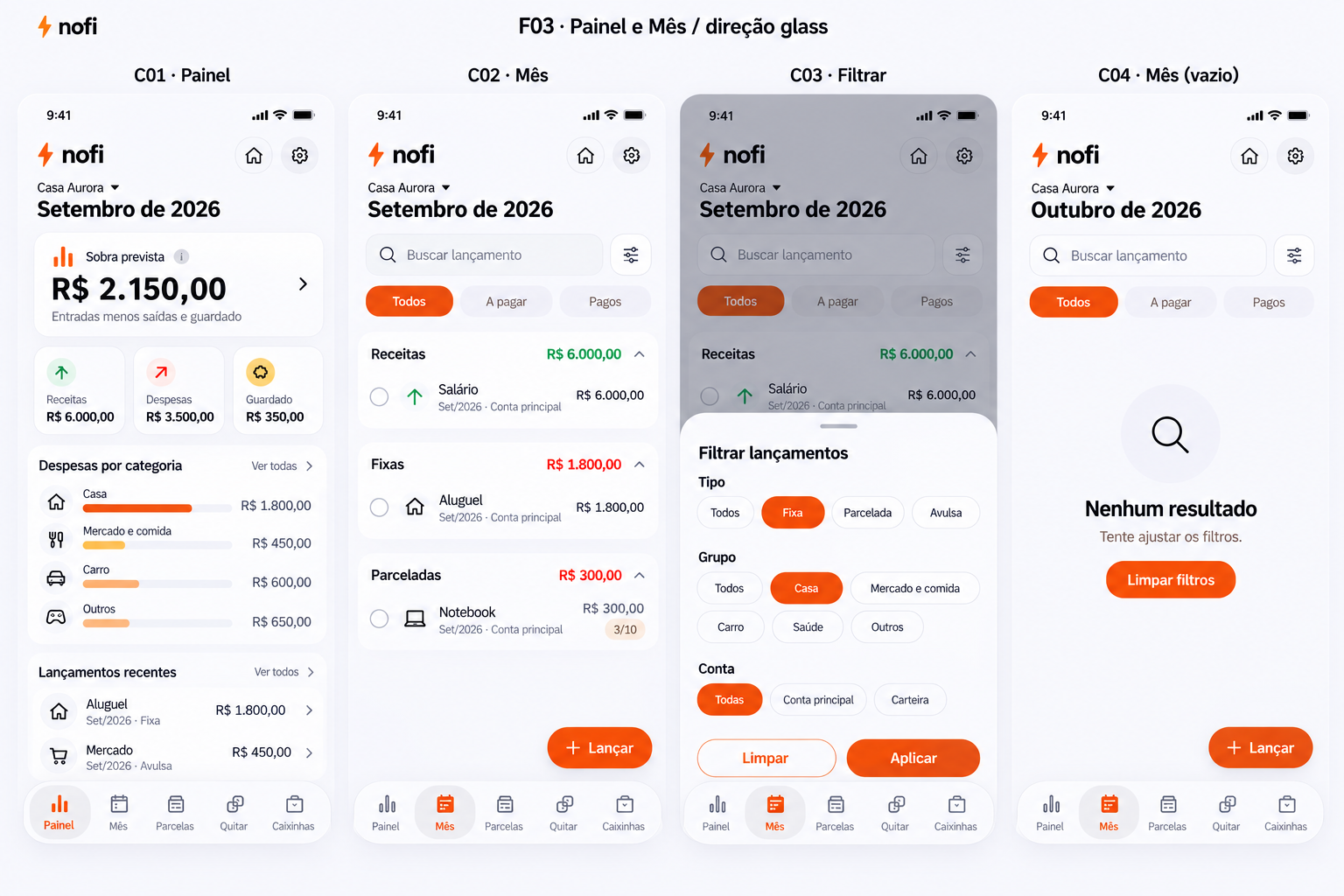 Painel do Nofi com o resumo financeiro do mês